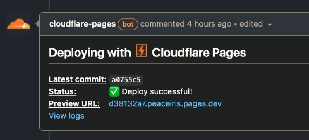 Cloudflare Pages は Netlify Deploy Preview と同じようにその Pull Request で最新の Preview URL をコメントに書いてくれる